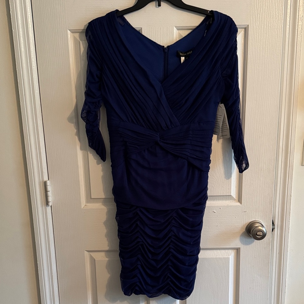Tadashi Shoji Deep Blue Ruching Dress with Sheer Sleeves Size Medium.